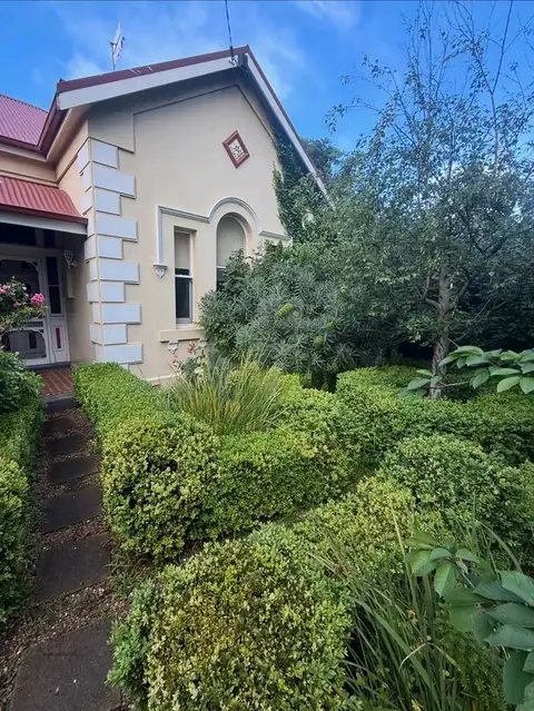 Trimmed hedges in front of a heritage home (before)