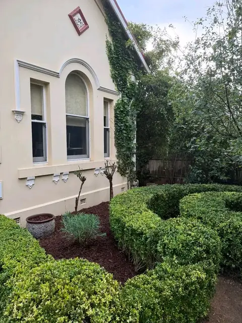 Trimmed hedges in front of a heritage home (after)