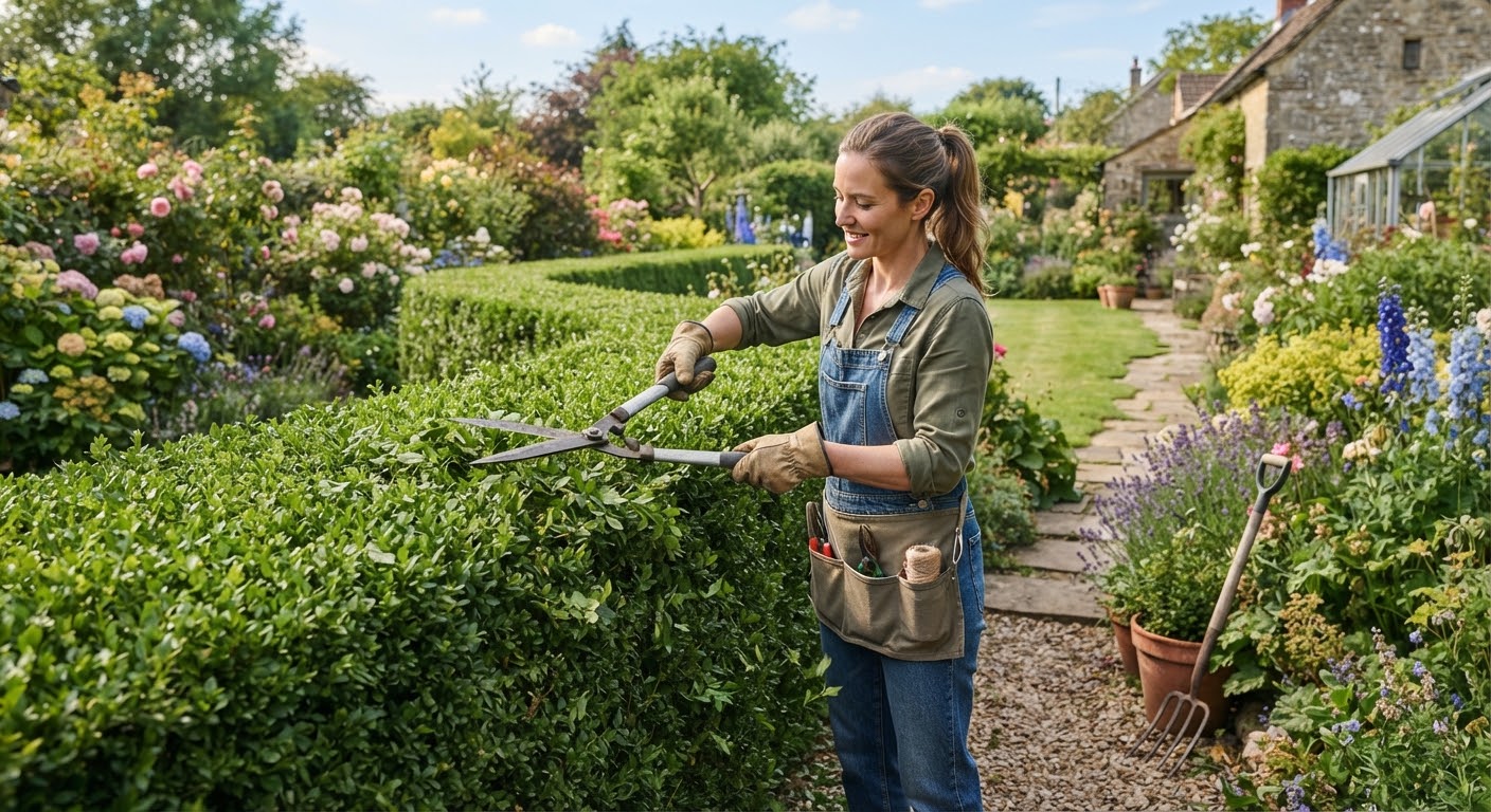 Gardener trimming a hedge in a green garden